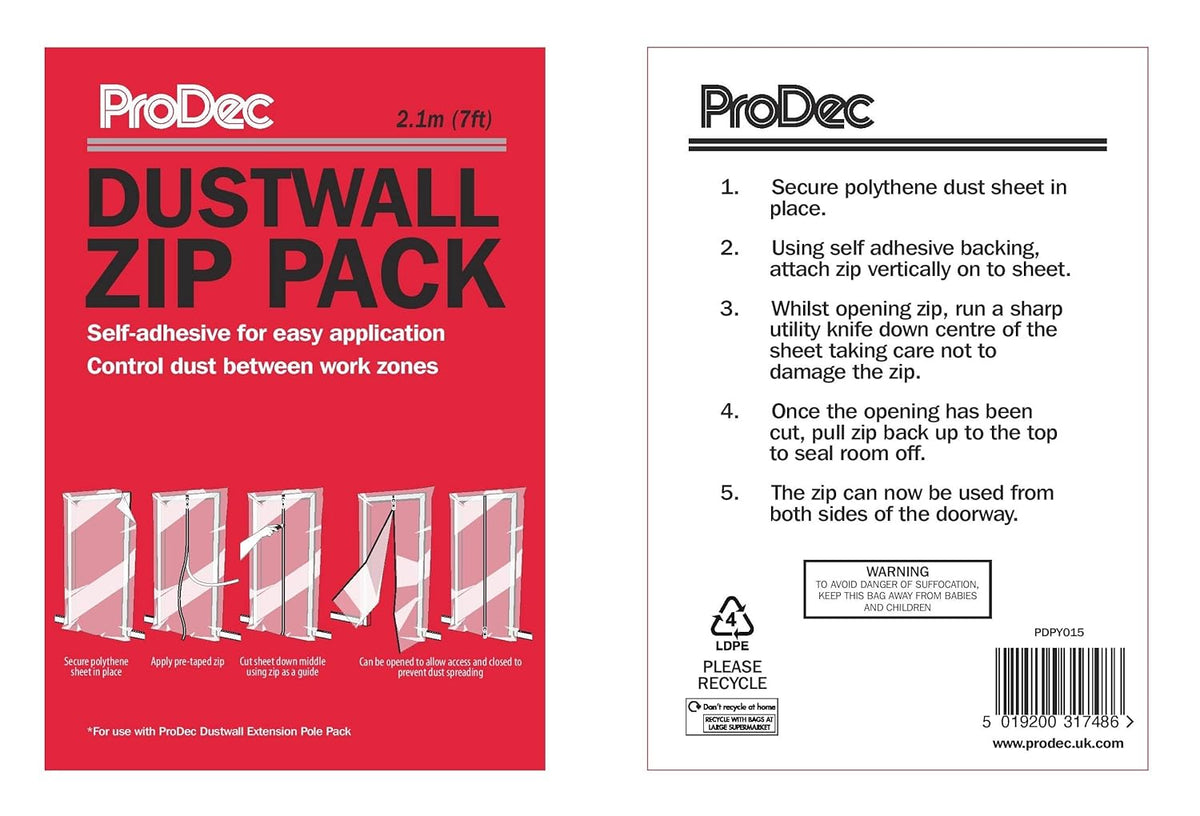 ProDec 2.1m Self-Adhesive Zip for Quickly and Easily Creating Doorway Access Through Polythene Screens - Cut to Size
