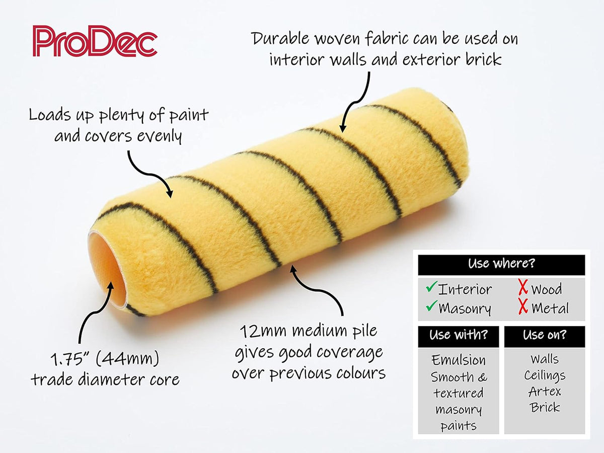ProDec 9 inch x 1.75" Medium Pile Woven Trade Professional Paint Roller for A Smooth Finish Painting with Emulsion
