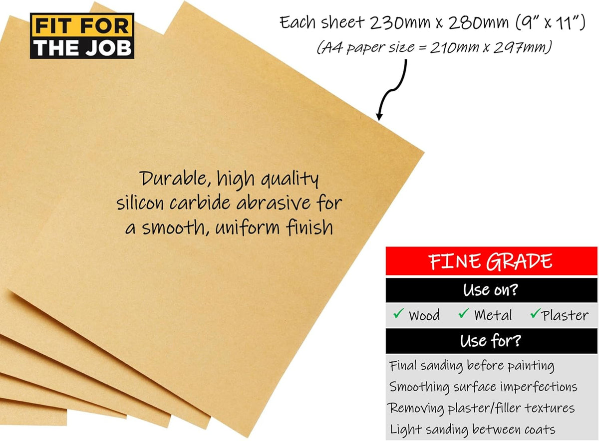 Fit For The Job 25 Large A4 Size Sheets Fine Grade Sandpaper for Sanding Wood