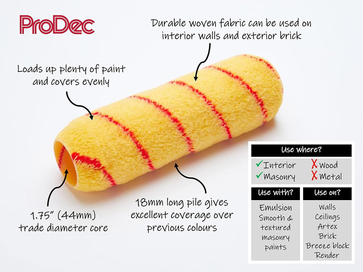 ProDec 9 inch x 1.75" Woven Trade Professional Paint Rollers 6 Pack for A Smooth Finish Painting with Emulsion