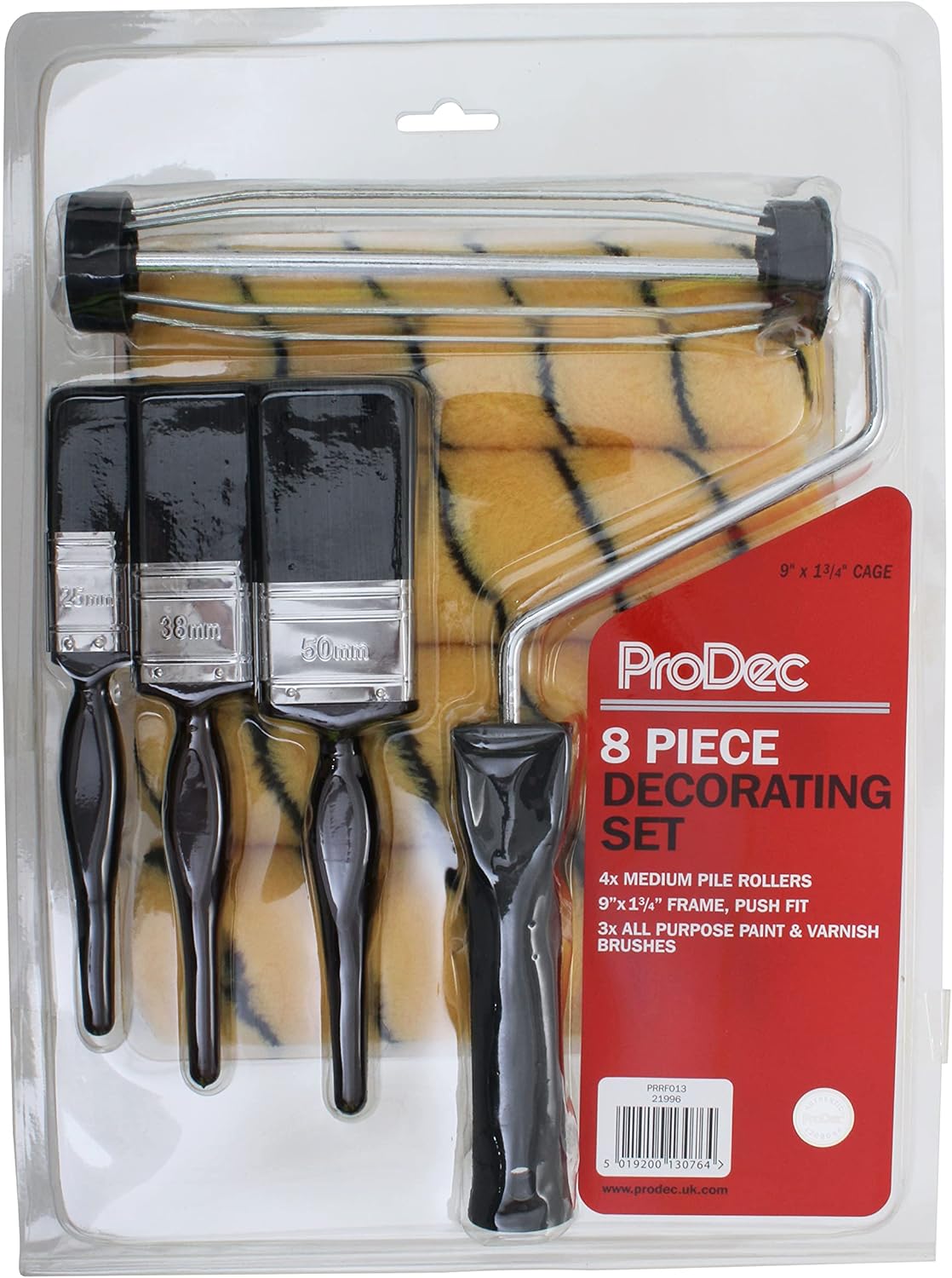 ProDec 9 inch x 1.75" 8 Piece Woven Paint Roller, Frame and Brush Set