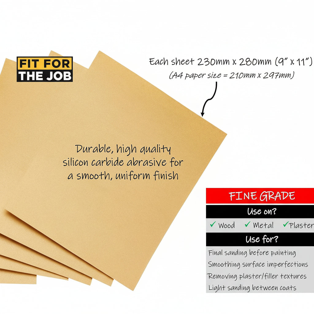Fit For The Job 5 Large A4 Size Sheets Fine Grade Sandpaper for Sanding Wood