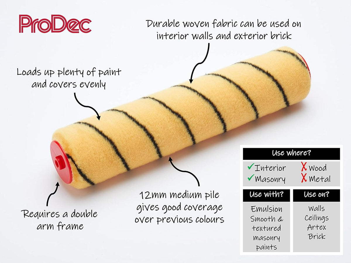 ProDec 12 inch x 1.75" Medium Pile Woven Trade Professional Double Arm Paint Roller for Fast Coverage