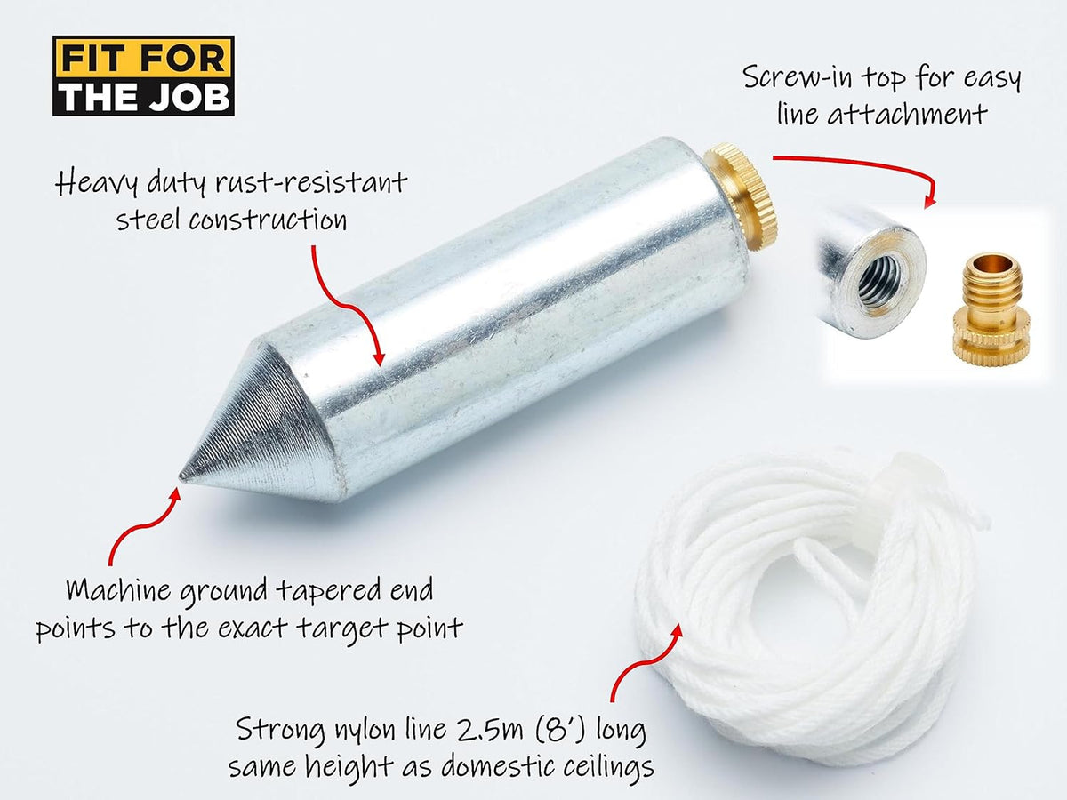 Fit For The Job 2 inch (50mm) Heavy Duty Steel Plumb Bob and Line, 2.5m (8ft), Plumb Line for Wallpaper Hanging