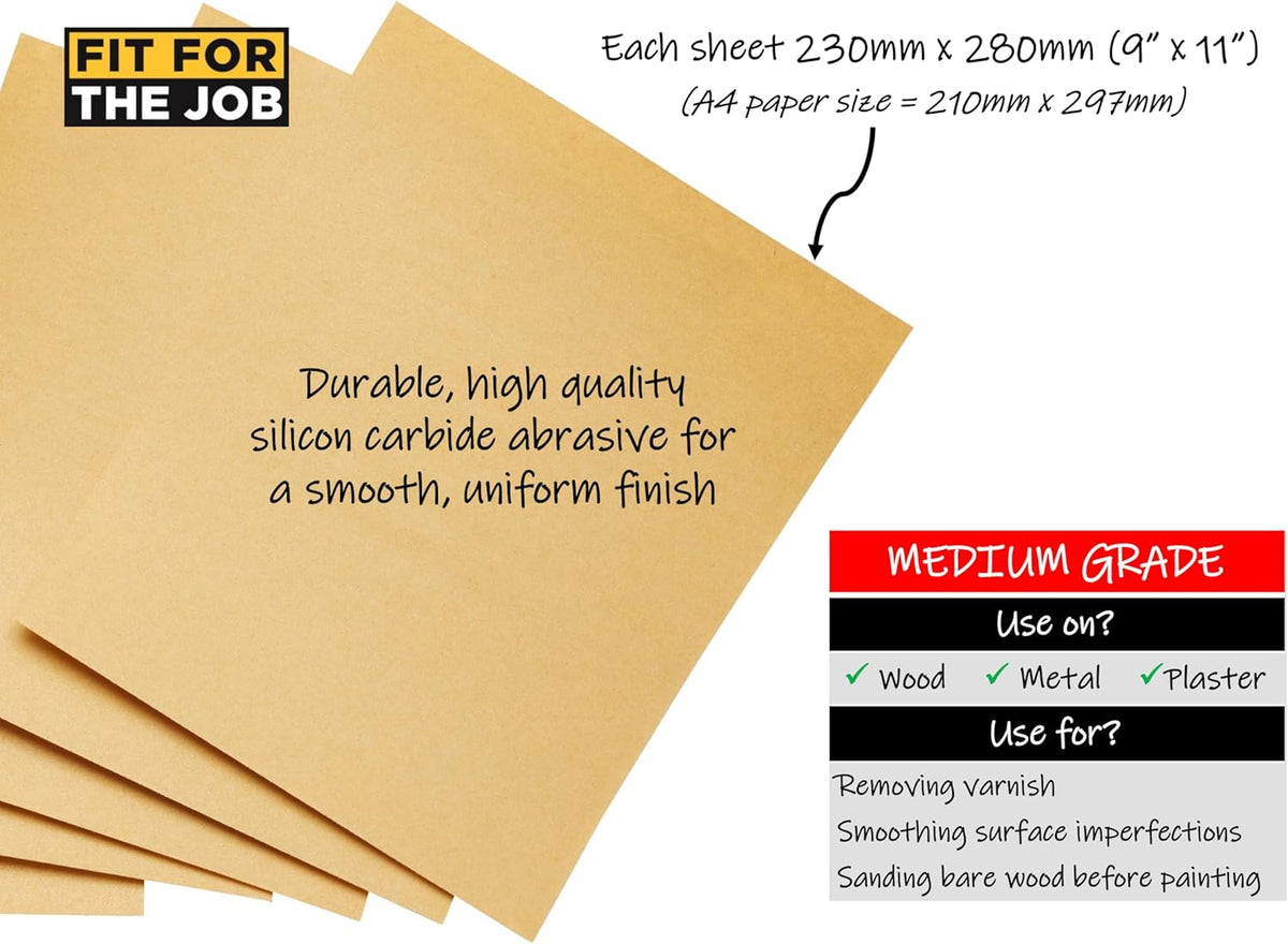 Fit For The Job 25 Large A4 Size Sheets Medium Grade Sandpaper for Sanding Wood