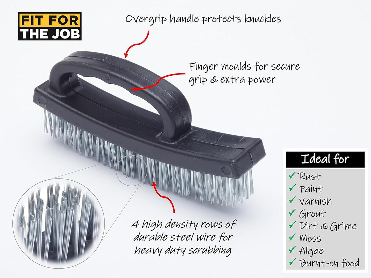 Fit For The Job 6 inch Wire Brush with Overgrip Knuckle Guard Easy Grip Handle, 4 Rows of Wire