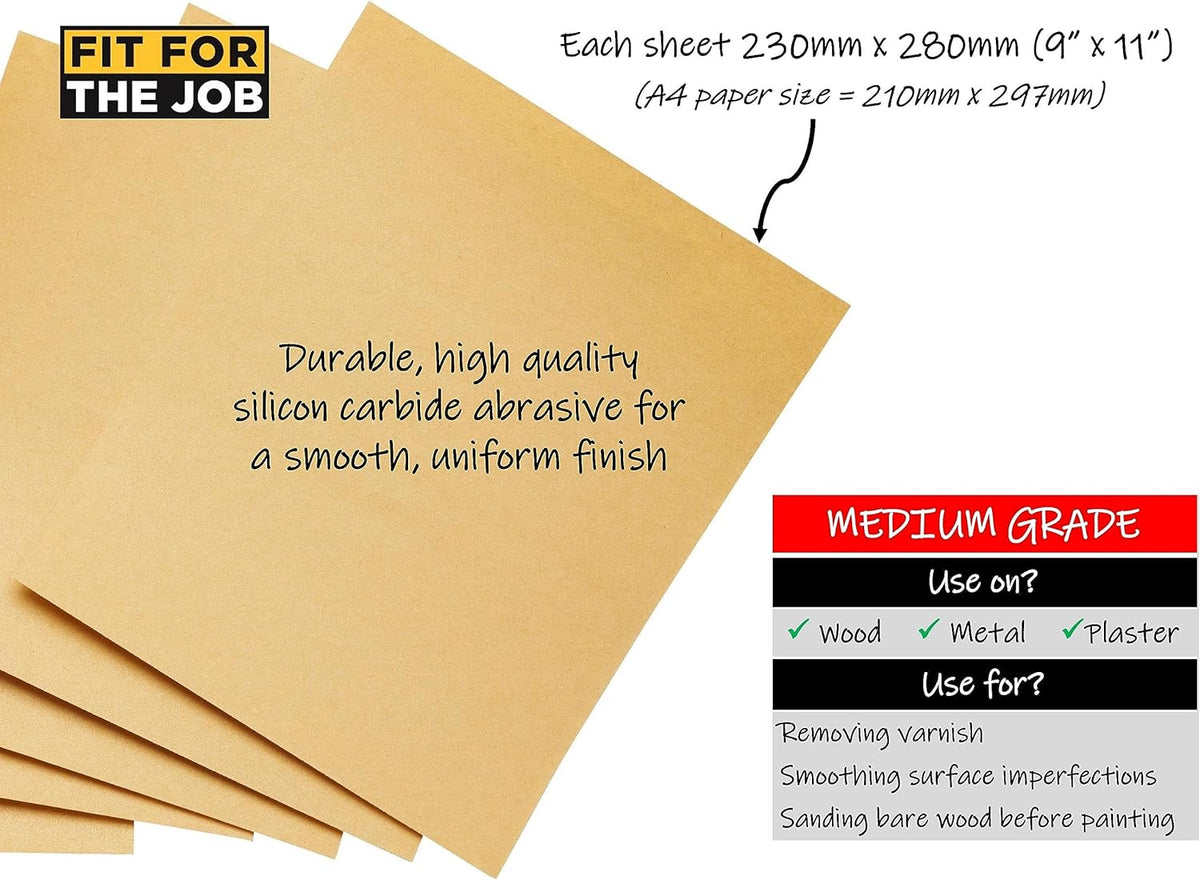 Fit For The Job 10 Large A4 Size Sheets Medium Grade Sandpaper for Sanding Wood