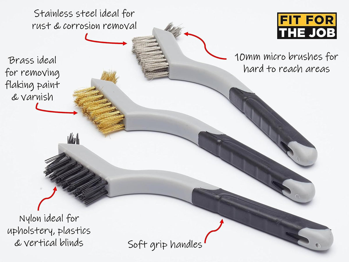 Fit For The Job 3 piece Multi-Purpose Soft Grip Mini Wire Brush Set - Nylon, Brass &amp; Steel Wire Brushes for Paint &amp; Grime Removal