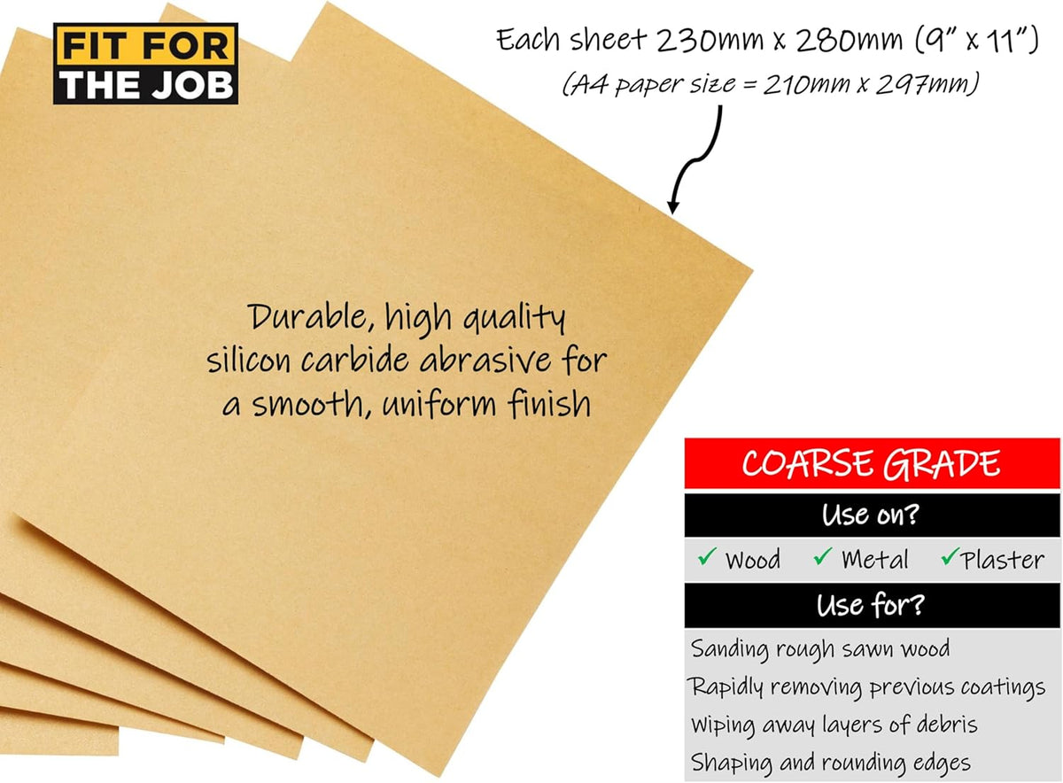 Fit For The Job 10 Large A4 Size Sheets Coarse Grade Sandpaper for Sanding Wood