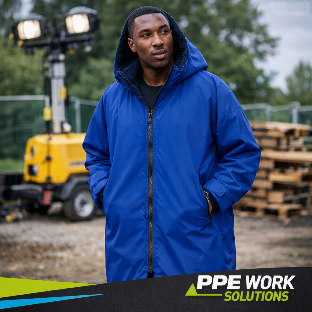 A man wearing a bright blue hooded work jacket stands outdoors on a construction site with a yellow machine and wooden pallets in the background. A 'PPE WORK SOLUTIONS' logo banner is at the bottom of the image.