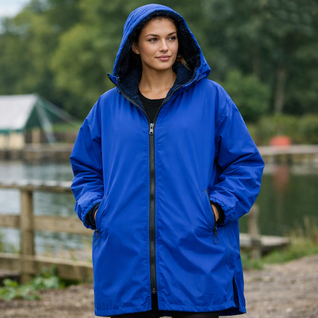 A woman wearing a bright blue hooded raincoat with a black zipper and black lining, standing outdoors near a pond with trees in the background.