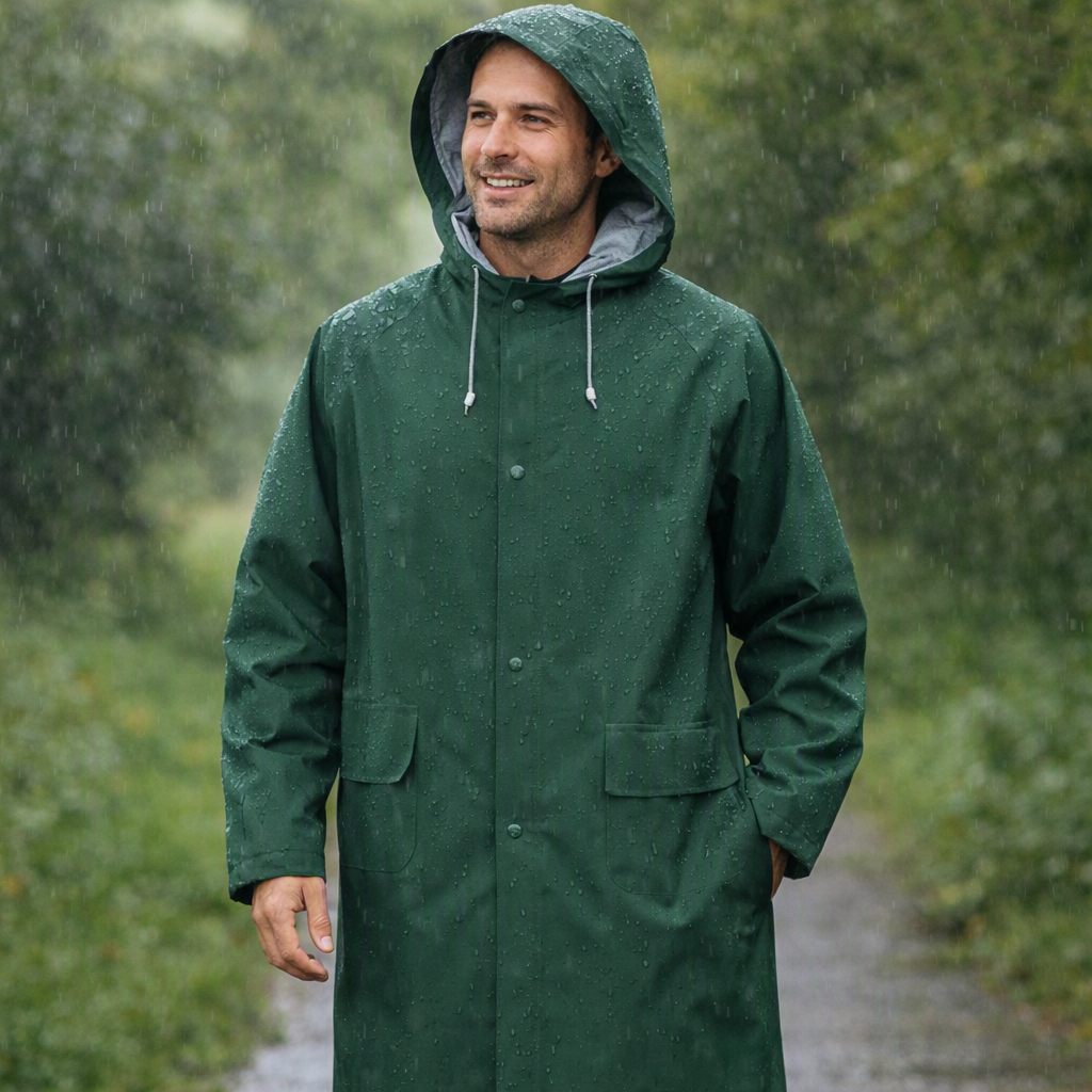 A man wearing a dark green hooded raincoat with a gray inner lining, standing on a wet path in the rain.
