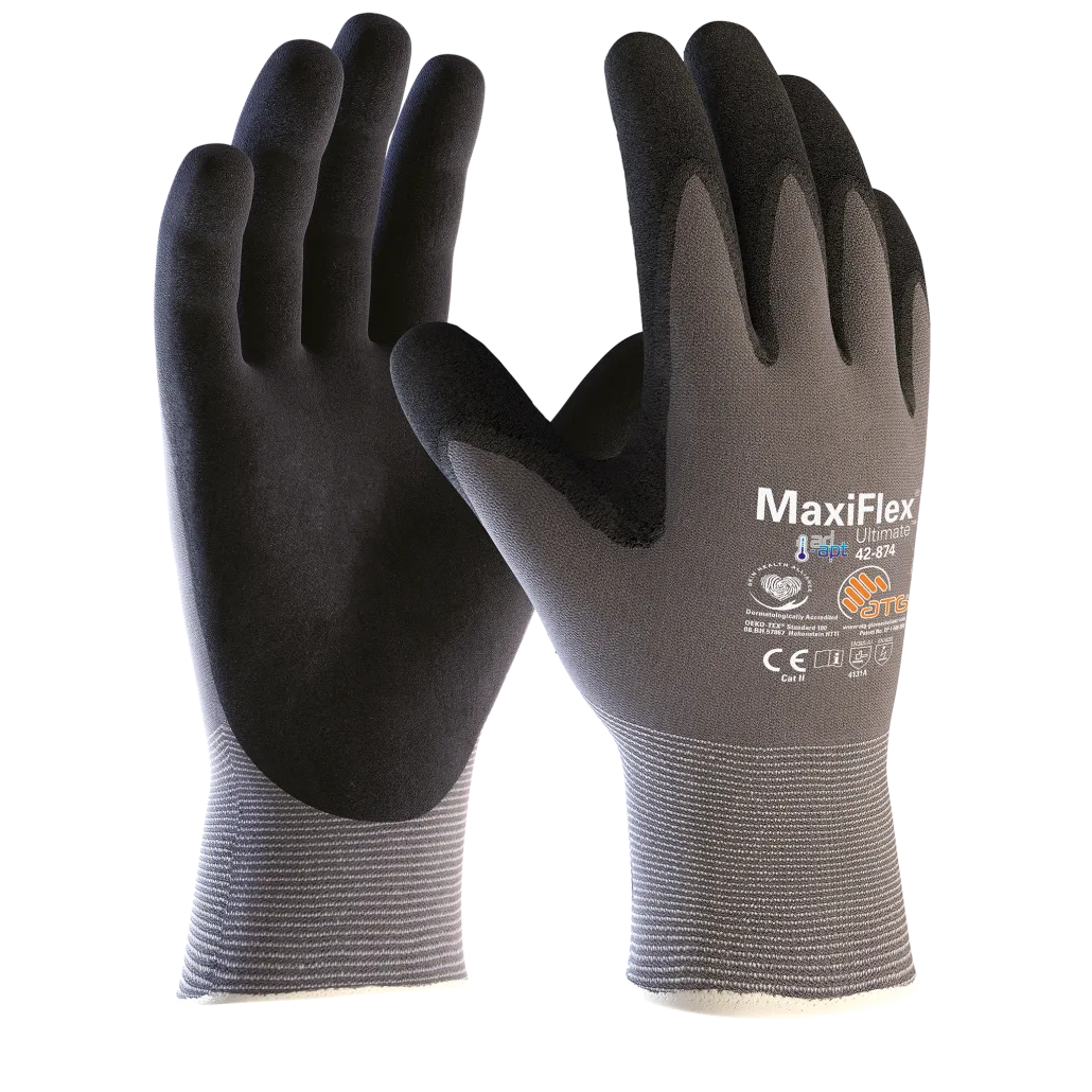 A pair of black and gray co-extruded work gloves shown against a plain white background, with one glove displaying the 'MaxiFlex' brand name on the back.