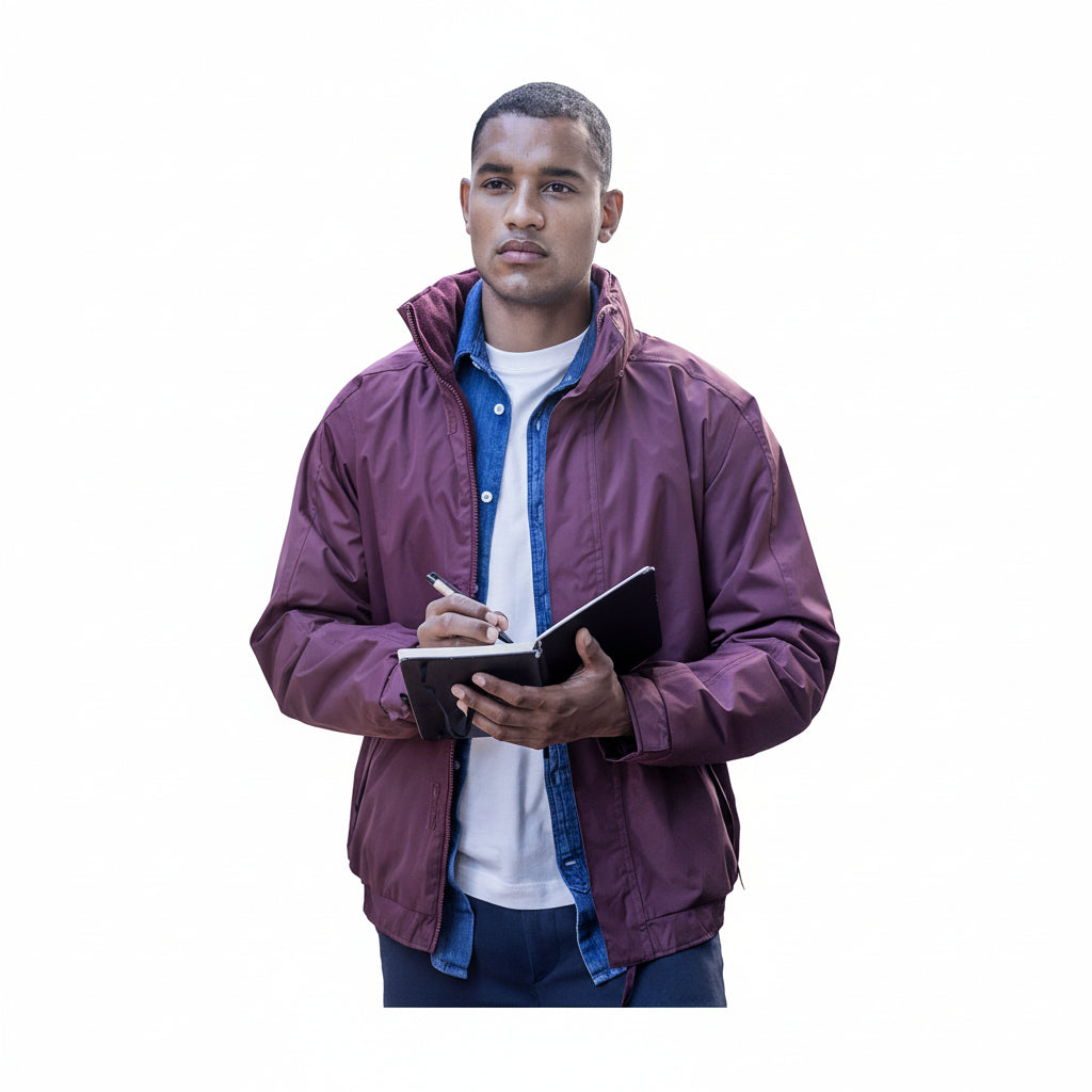 Man in a purple jacket writing in a notebook outdoors