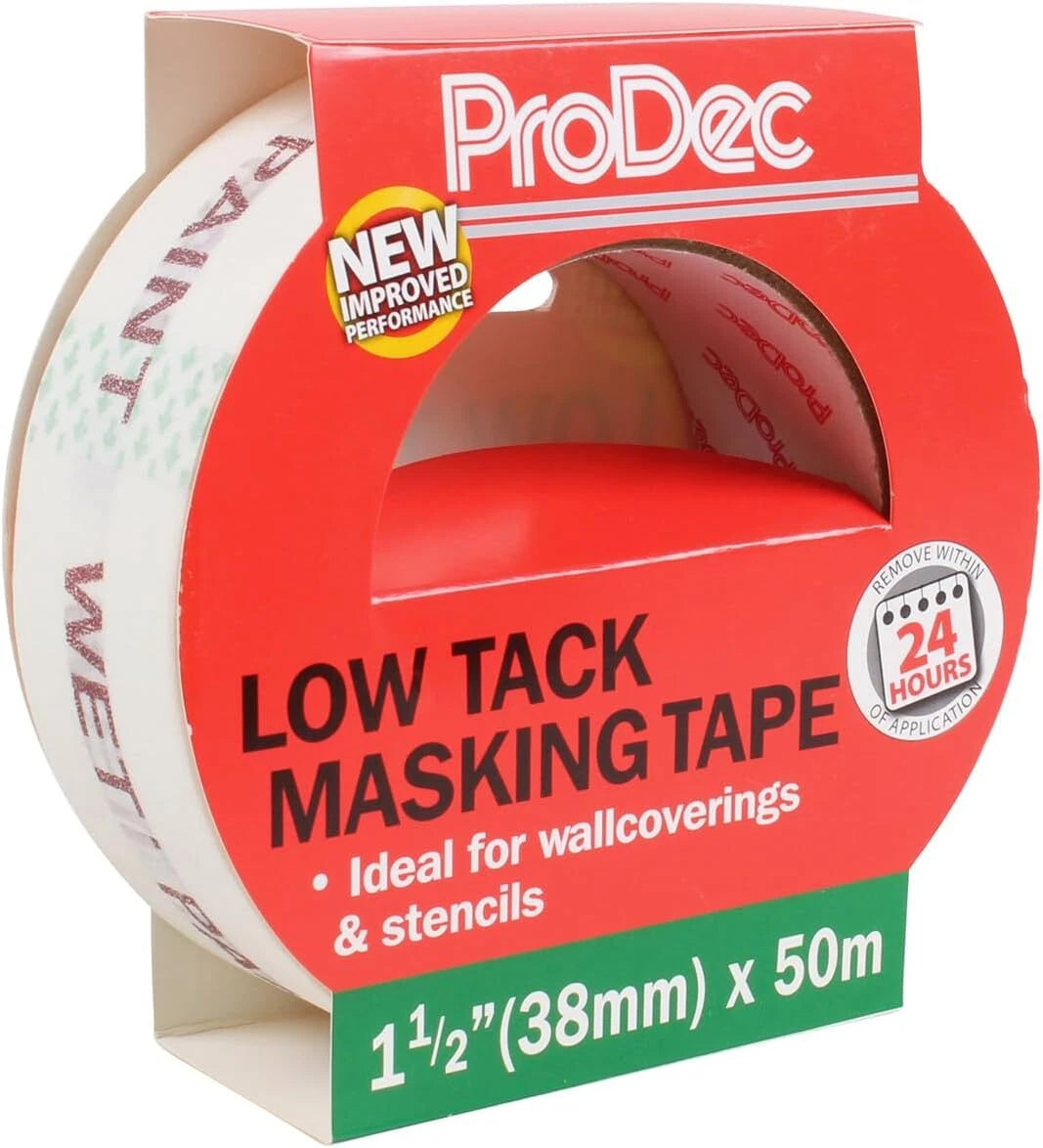 ProDec 1.5 inch x 50m Low Tack Multi Surface Painters Masking Tape for Delicate Surfaces Gives Sharp Paint Lines